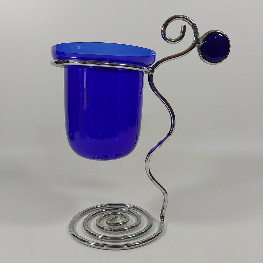 Vintage MCM Cobalt Blue Glass Silver Tone Metal Coil Candle Holder 10"